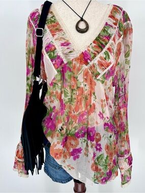Floral Sheer Boho Blouse Lace Trim Ruffle Sleeve Peasant Top Romantic